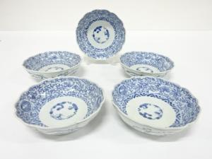 古伊万里　染付　線描き花唐草　なます皿　5客